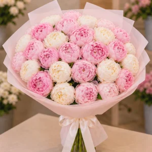 Buchet Flori Frumoase Zâmbet Roz cu Bujori și Lisianthus - imagine 1
