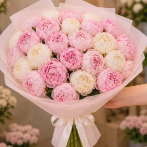 Buchet Flori Frumoase Zâmbet Roz cu Bujori și Lisianthus - imagine 2