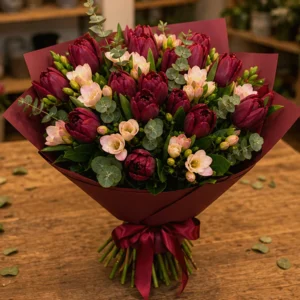 Buchet Flori de Lux Imperial Noir cu Orhidee și Trandafiri Toffee - imagine 3