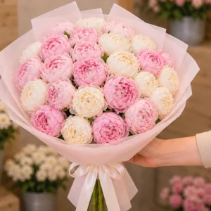 Buchet Flori Frumoase Zâmbet Roz cu Bujori și Lisianthus - imagine 3