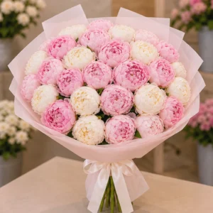 Cutie Flori de Sezon April Blush cu Bujori și Lisianthus - imagine 1