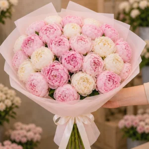 Cutie Flori de Sezon April Blush cu Bujori și Lisianthus - imagine 2