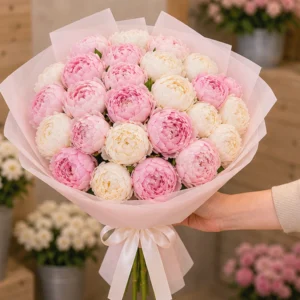 Cutie Flori de Sezon April Blush cu Bujori și Lisianthus - imagine 3