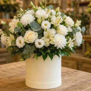Cutie Flori de Lux Velvet Pearl cu Trandafiri Cappuccino și Mini Cymbidium - imagine 4
