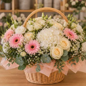 Coș Flori de Lux Champagne Garden cu Cale și Hortensii - imagine 1