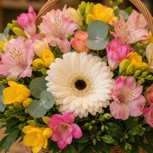 Coș Flori Frumoase Grădină Veselă cu Gerbera Mini și Alstroemeria - imagine 2