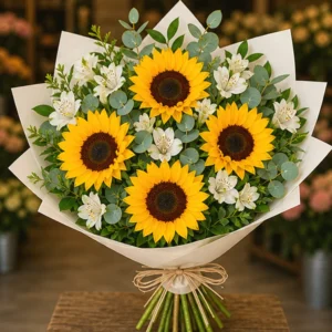 Coș Flori de Sezon Sunny Market cu Floarea Soarelui și Alstroemeria - imagine 3