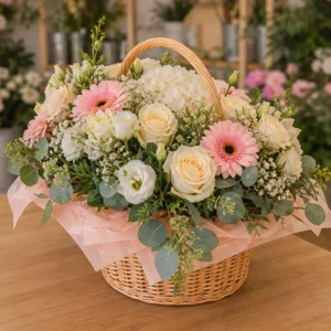 Coș Flori de Lux Champagne Garden cu Cale și Hortensii - imagine 3