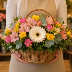 Coș Flori Frumoase Grădină Veselă cu Gerbera Mini și Alstroemeria - imagine 3
