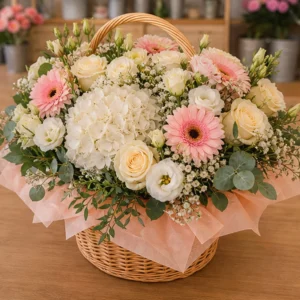 Coș Flori de Lux Champagne Garden cu Cale și Hortensii - imagine 4