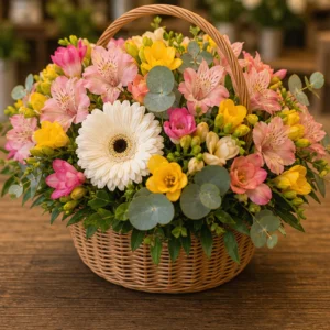 Coș Flori Frumoase Grădină Veselă cu Gerbera Mini și Alstroemeria - imagine 4