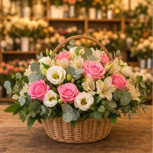 Coș Flori la Comandă București Peach Craft cu Ranunculus - imagine 1