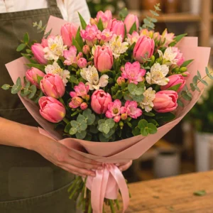Buchet Online Coral Touch cu Lalele și Ranunculus - imagine 2
