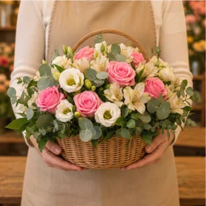 Coș La Mulți Ani Peach Celebration cu Ranunculus și Wax Flower - imagine 3