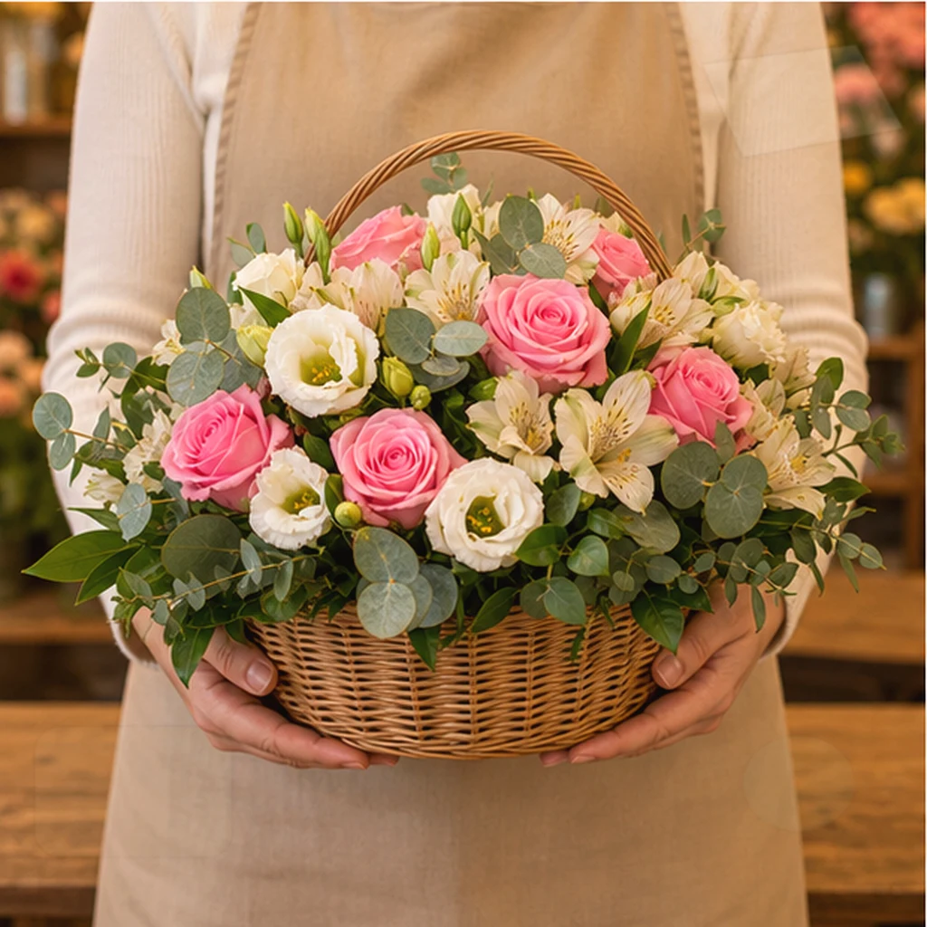 Coș Flori la Comandă București Peach Craft cu Ranunculus - imagine 3