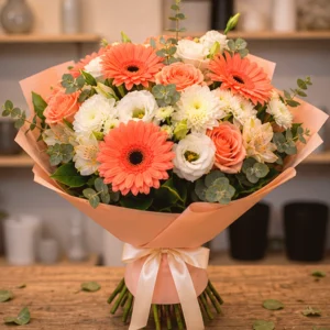 Buchet Flori de Sezon Coral Picnic cu Gerbera și Trandafiri Spray - imagine 1