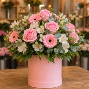 Cutie Flori Frumoase Roz Pudrat cu Ranunculus și Miniroze - imagine 1