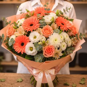 Buchet Flori de Sezon Coral Picnic cu Gerbera și Trandafiri Spray - imagine 2