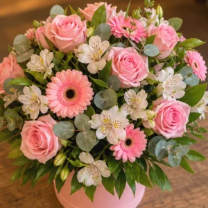 Cutie Flori Frumoase Roz Pudrat cu Ranunculus și Miniroze - imagine 2