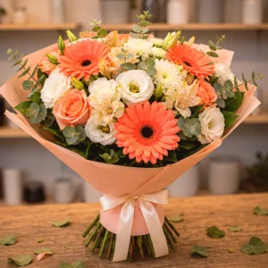 Buchet Flori de Sezon Coral Picnic cu Gerbera și Trandafiri Spray - imagine 3