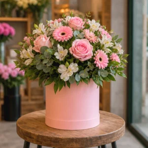 Cutie Flori Frumoase Roz Pudrat cu Ranunculus și Miniroze - imagine 3