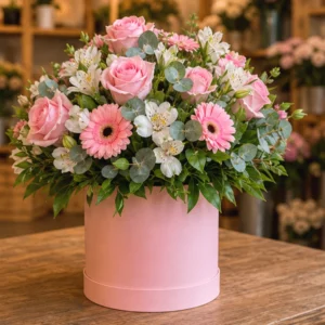 Cutie Flori Frumoase Roz Pudrat cu Ranunculus și Miniroze - imagine 4