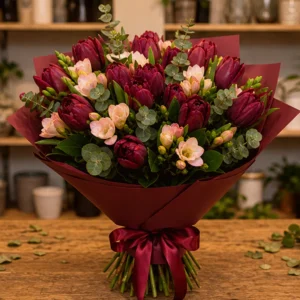 Buchet Online București Velvet Mix cu Trandafiri Burgundy - imagine 1
