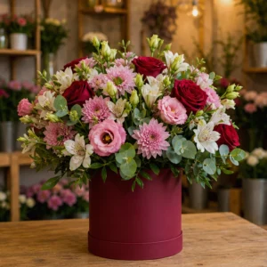 Cutie Flori de Lux Black Tie cu Protea și Trandafiri Burgundy - imagine 1