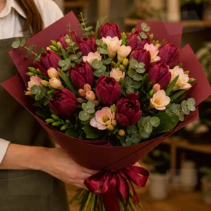 Buchet Online București Velvet Mix cu Trandafiri Burgundy - imagine 2
