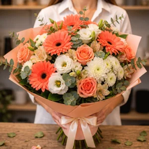 Buchet Flori Frumoase Răsărit Coral cu Anthurium și Trandafiri - imagine 2