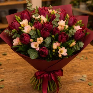 Buchet Online București Velvet Mix cu Trandafiri Burgundy - imagine 3