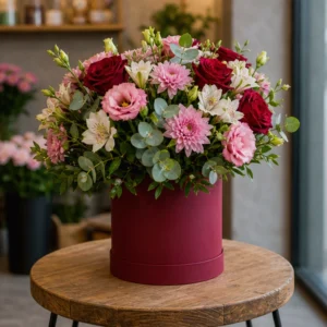 Cutie Flori de Lux Black Tie cu Protea și Trandafiri Burgundy - imagine 3