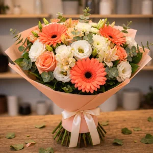 Buchet Flori Frumoase Răsărit Coral cu Anthurium și Trandafiri - imagine 3