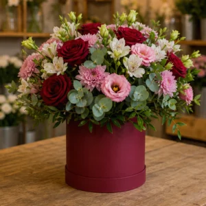 Cutie Flori de Lux Black Tie cu Protea și Trandafiri Burgundy - imagine 4