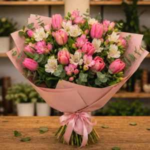 Coș Flori Frumoase Parfum de Frezii cu Lalele Roz - imagine 1