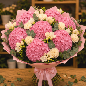 Flori Personalizate Garden Fresh cu Hortensie Verde și Trandafiri Albi
