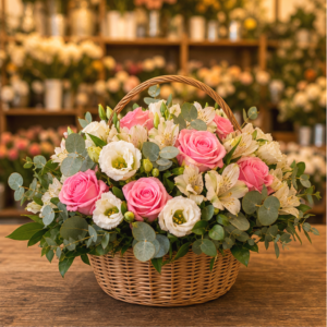 Coș Flori la Comandă Peach Craft cu Ranunculus și Wax Flower
