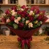 Buchet La Mulți Ani Burgundy Grace cu Trandafiri Bordo și Astrantia - imagine 1