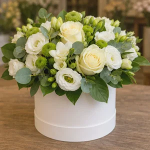 Aranjament Flori Frumoase Verde Fresh cu Viburnum și Trandafiri Albi - imagine 3