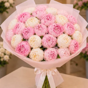 Buchet Aniversar Apricot Glow cu Bujori și Frezii - imagine 1