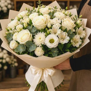 Buchet Flori de Sezon Snow Garden cu Anemone Albe și Ranunculus - imagine 2