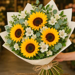 Cutie Flori Frumoase Soare Blând cu Floarea Soarelui și Eustoma - imagine 2