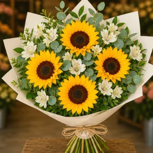 Cutie Flori Frumoase Soare Blând cu Floarea Soarelui și Eustoma - imagine 3