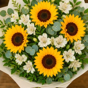 Cutie Flori Frumoase Soare Blând cu Floarea Soarelui și Eustoma - imagine 4