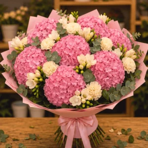 Buchet Online Apricot Signature cu Bujori și Frezii - imagine 1