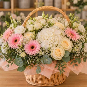 Coș Comandă Flori București White Tea cu Lisianthus - imagine 1