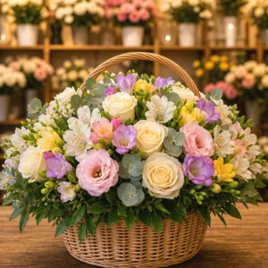 Coș Flori de Sezon Pastel Brunch cu Hortensie și Matthiola - imagine 1