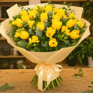 Aranjament Flori de Lux Golden Hour cu Cymbidium Galben și Trandafiri - imagine 1