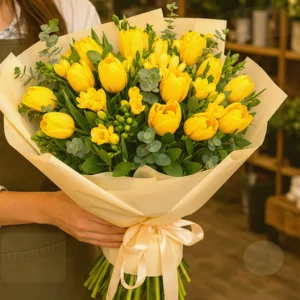 Aranjament Flori de Lux Golden Hour cu Cymbidium Galben și Trandafiri - imagine 2