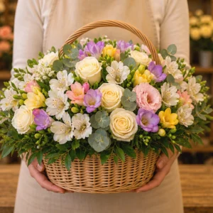 Coș Flori de Sezon Pastel Brunch cu Hortensie și Matthiola - imagine 3